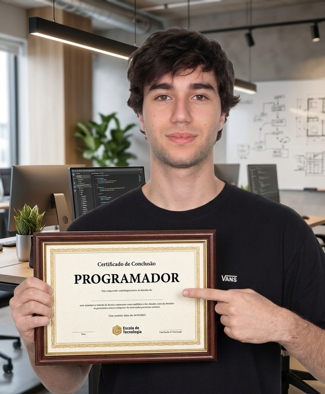 Jovem sorrindo e apontando para o certificado de conclusão de programador