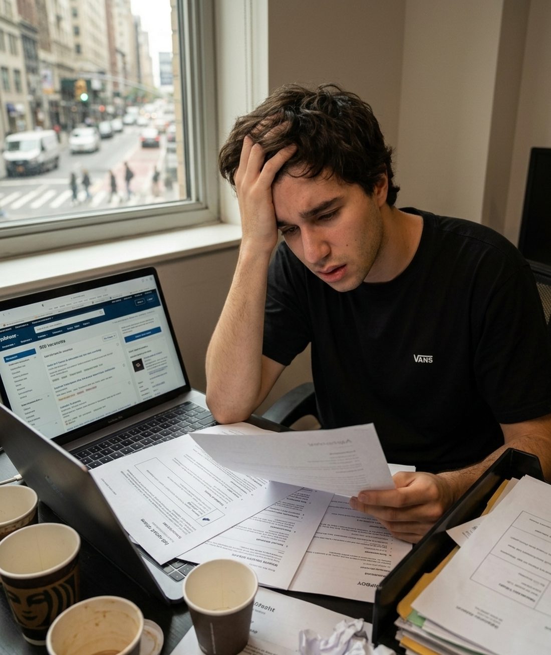 Jovem cansado diante do notebook, cercado de papéis e copos de café